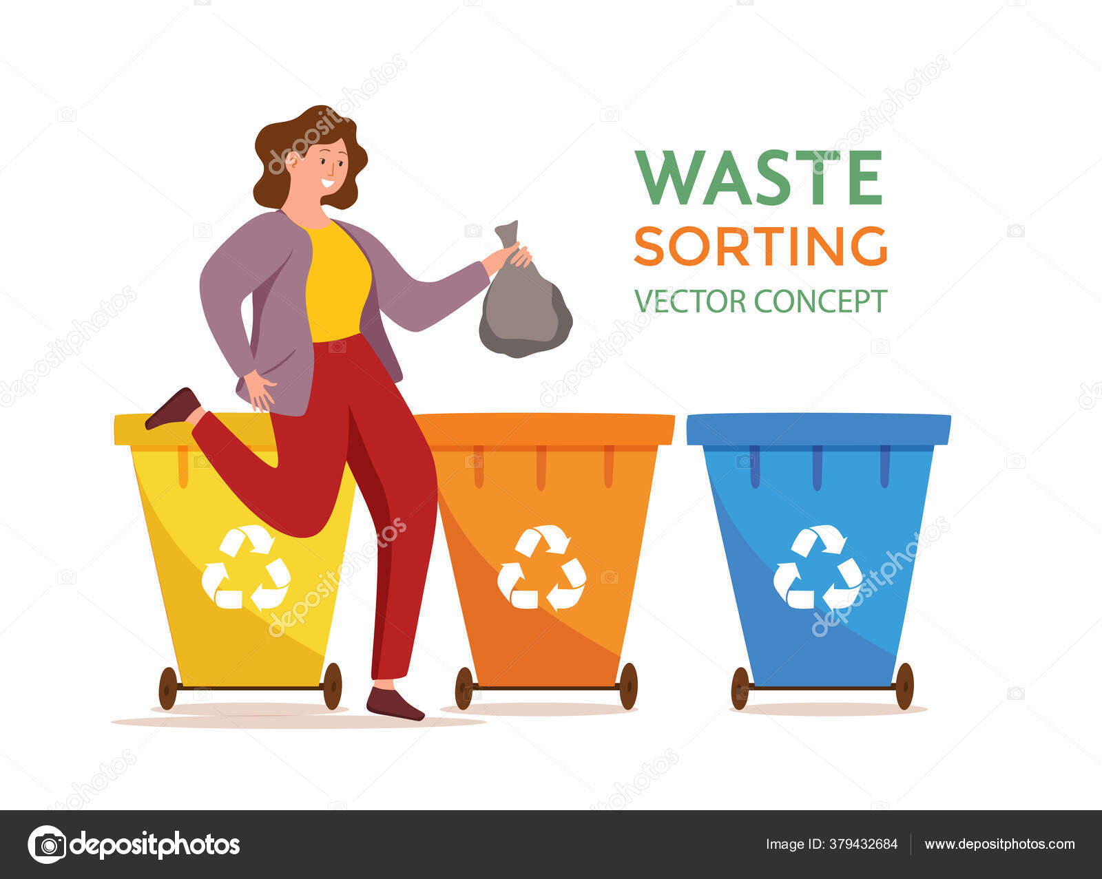 Young woman throwing plastic garbage into containers vector illustration  Stock Vector Image by ©Oligliya #379432684