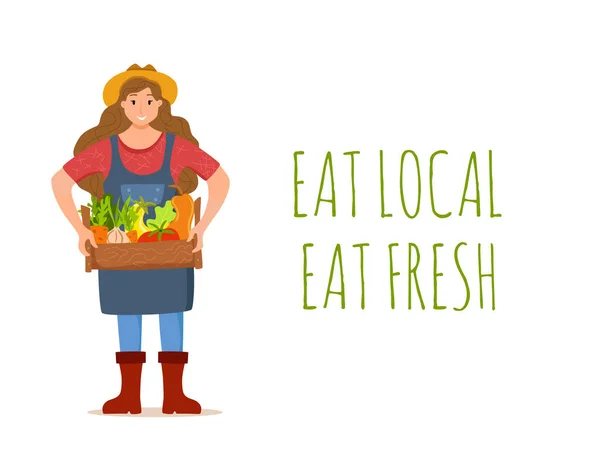 Mangez des produits biologiques locaux concept vecteur de dessin animé. Illustration colorée — Image vectorielle
