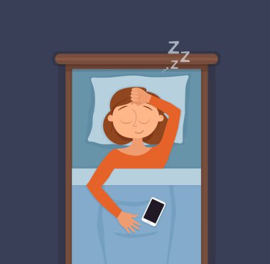 Uyuyan kadın yüz çizgi film karakteri mutlu kız tatlı bir rüya var.