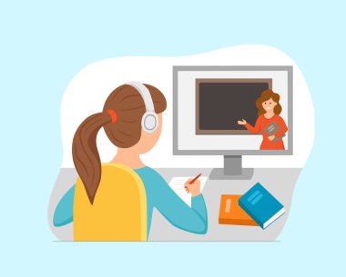 Çizgi film vektör illüstrasyonunda online eğitim gören kız