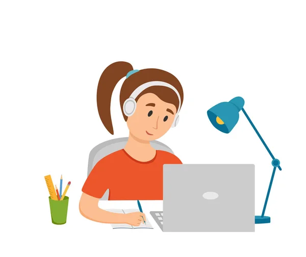 Girl studying online education at home cartoon vector illustration — Stock Vector