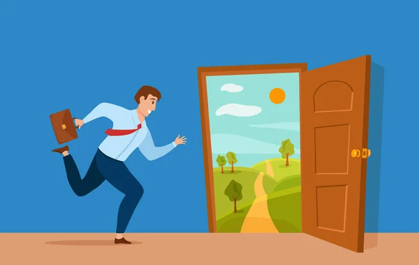 Homme d'affaires courir pour ouvrir la porte avec l'été vallée nature paysage vacances vecteur dessin animé concept — Image vectorielle
