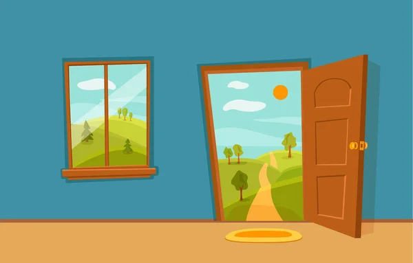 Öppen dörr och fönster tecknad färgglada vektor illustration med dal sommar sol landskap — Stock vektor