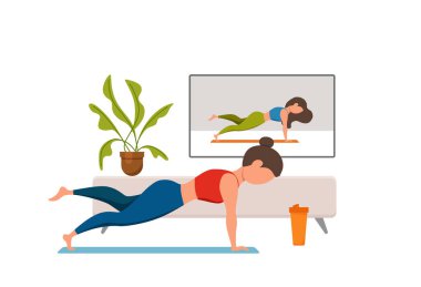 Çevrimiçi fitness yoga sınıfı vektör konsepti. Evde kal kızım.