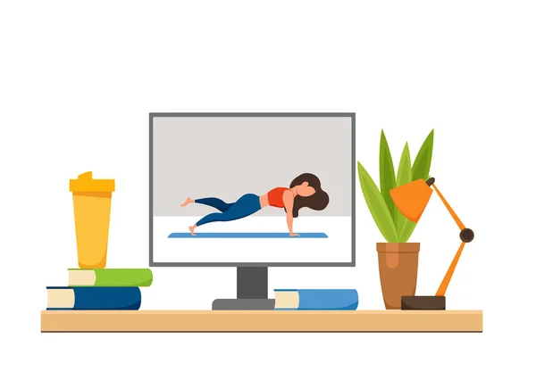 Aulas de ioga de fitness online conceito vetorial. Fique em casa menina fazendo —  Vetores de Stock