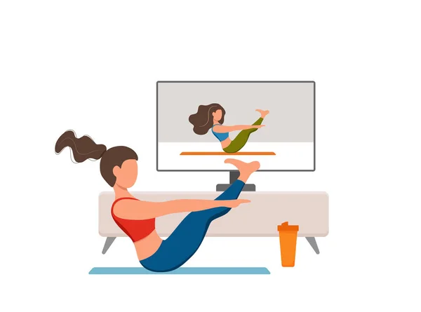 Clases de yoga fitness online concepto vectorial. Quédate en casa chica haciendo — Vector de stock
