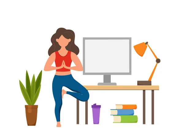 Online fitness yoga klassen vector concept. Blijf thuis meisje doet — Stockvector