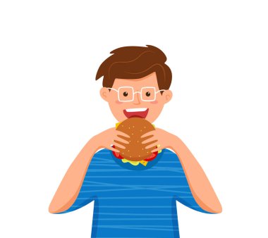Hamburger yiyen çocuk fast food vektör çizimi. Renkli çizgi film tarzı konsepti