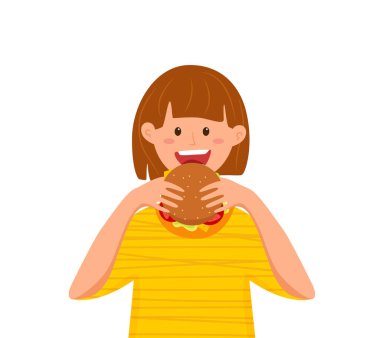 Hamburger yiyen çocuk fast food vektör çizimi. Renkli çizgi film tarzı konsepti