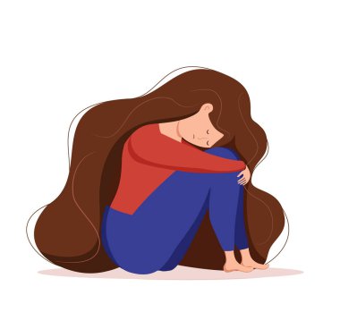 Bunalımlı üzgün yalnız kadın endişeli, hüzünlü vektör karikatür çizimi.