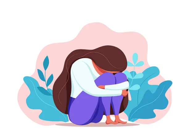 Depressieve verdrietige eenzame vrouw in angst, verdriet vector cartoon illustratie. — Stockvector