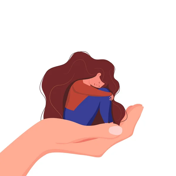 Bunalımlı üzgün yalnız kadın endişeli, hüzünlü vektör karikatür çizimi.