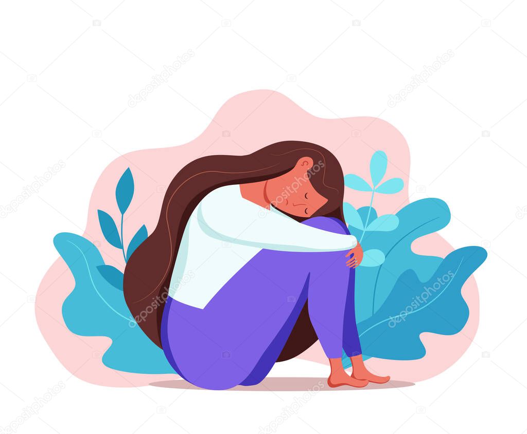 Depressed sad lonely woman in anxiety, sorrow vector cartoon illustration.