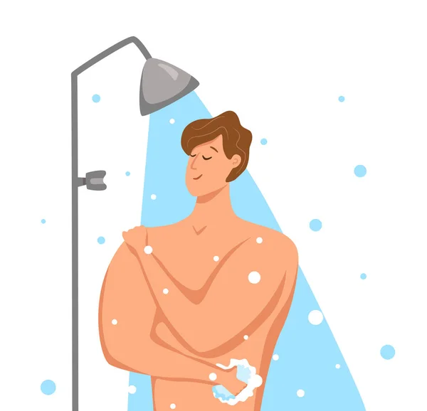 Mann beim Duschen im Badezimmer. Vektorillustration des glücklichen Mannes, der sich mit Shampoo und Seife wäscht. — Stockvektor