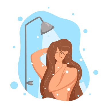 Kadın banyoda duş alıyor. Kendini şampuan ve sabunla yıkayan mutlu bir kızın vektör çizimi.