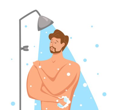 Adam banyoda duş alıyor. Kendini şampuan ve sabunla yıkayan mutlu adamın vektör çizimi.