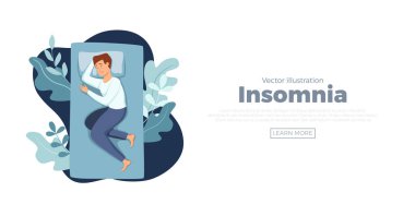 Yatakta uyuyan adam uykusuzluktan muzdarip. Yorgun, bitkin ve uykusuz bir adamın vektör çizimi