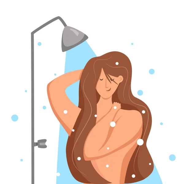 Mujer duchándose en el baño. Ilustración vectorial de la chica feliz lavándose con champú y jabón. — Vector de stock