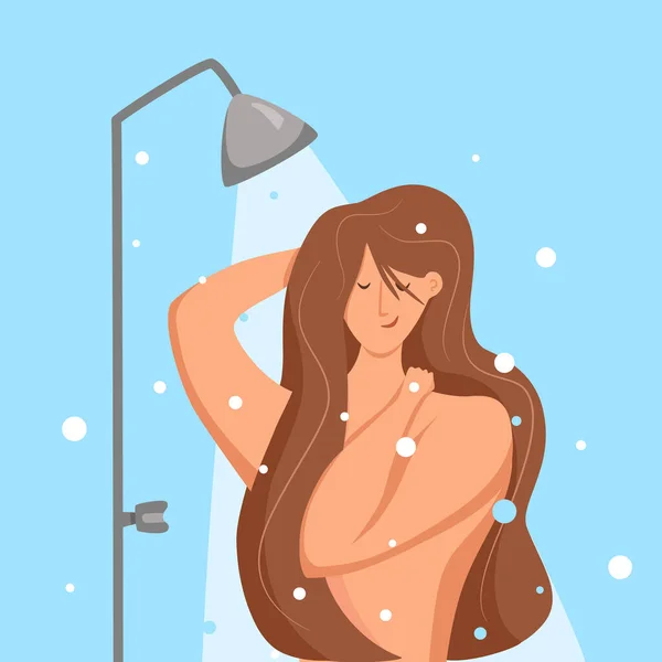 Wanita mandi di kamar mandi. Vektor ilustrasi gadis bahagia mencuci dirinya dengan sampo dan sabun. - Stok Vektor