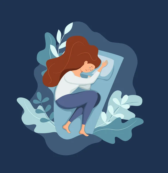 Sömnig vaken kvinna i sängen lider av sömnlöshet. Vektorillustration — Stock vektor