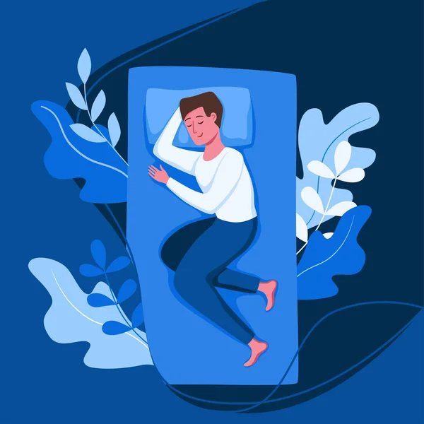 Az ember az ágyban alszik az éjjeli vektor illusztrációján. Pasi pizsamában, édes álommal a hálószobában. — Stock Vector