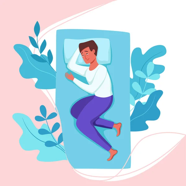 Tidur terjaga pria di tempat tidur menderita insomnia. Vektor ilustrasi lelah pria sedih menderita insomnia - Stok Vektor