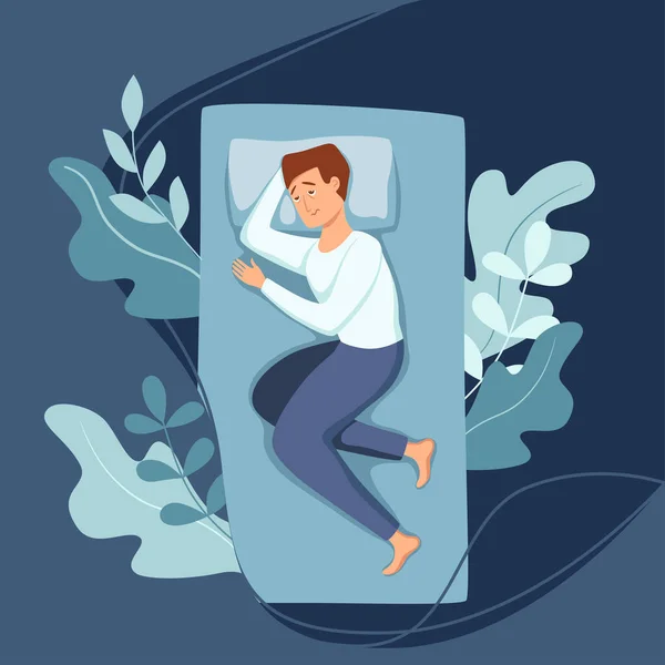 Yatakta uyuyan adam uykusuzluktan muzdarip. Yorgun, bitkin ve uykusuz bir adamın vektör çizimi — Stok Vektör
