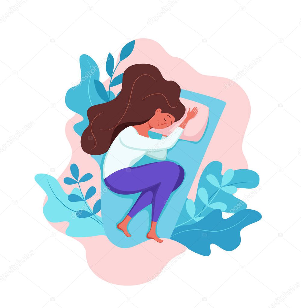 Woman sleep in bed at night vector illustration. Girl in pajama having a sweet dream in bedroom.