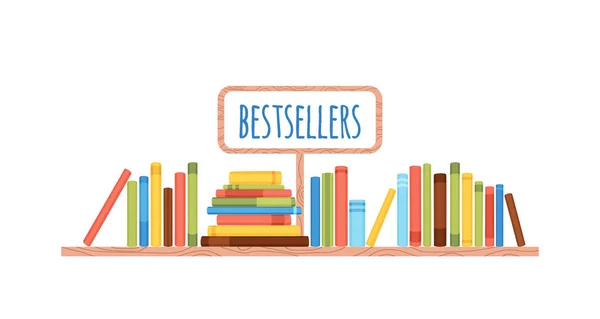 Bookshelves design de parede vetorial para best-sellers na loja, — Vetor de Stock