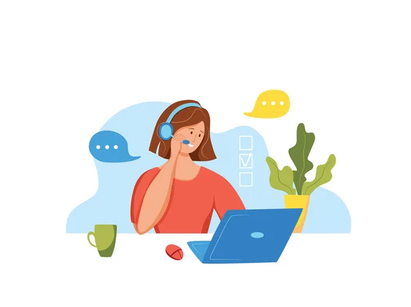 Call center operator vector illustration. Customer online support manager woman working in headphones — Stock Vector