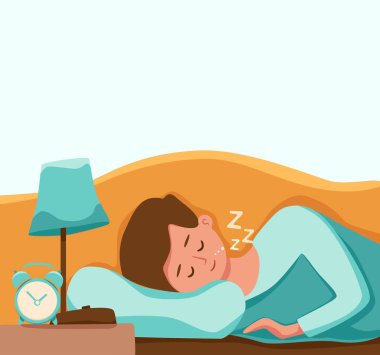 Erkek çocuk gece vektör illüstrasyonunda uyuyor. Pijamalı çocuk yatak odasında tatlı bir rüya görüyor.