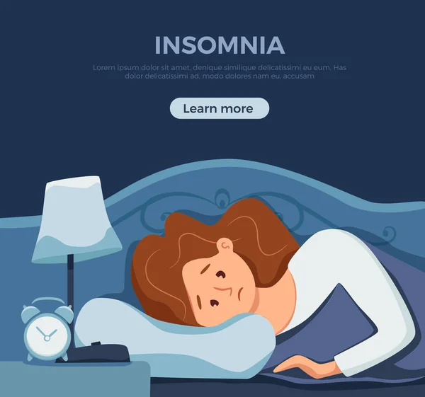 La mujer dormida y despierta en la cama sufre de insomnio. Ilustración vectorial — Vector de stock