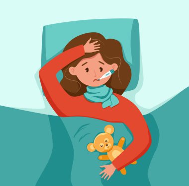 Ağız vektörü illüstrasyonunda termometresi olan ateşi olan hasta çocuk.