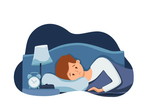 El hombre dormido despierto en la cama sufre de insomnio. Vector ilustración de cansado agotado triste chico insomne — Archivo Imágenes Vectoriales