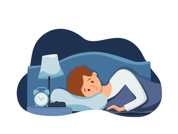 Somnolent homme éveillé au lit souffre d'insomnie. Illustration vectorielle de fatigué épuisé gars triste insomniaque — Image vectorielle