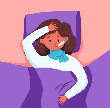 Ağız vektörü illüstrasyonunda termometresi olan ateşi olan hasta çocuk.