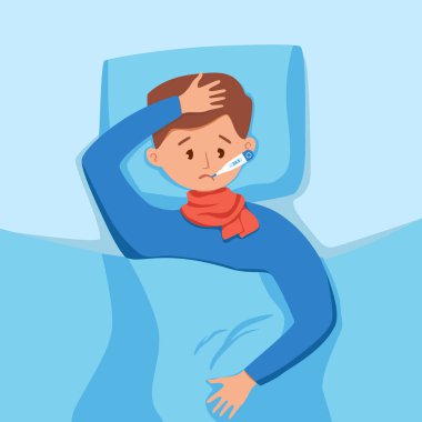 Ağız vektörü illüstrasyonunda termometresi olan ateşi olan hasta çocuk.