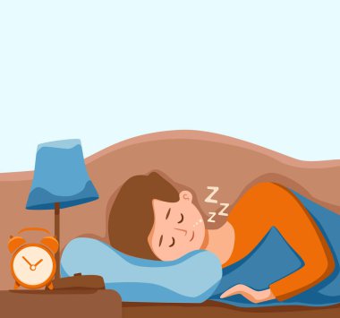 Erkek çocuk gece vektör illüstrasyonunda uyuyor. Pijamalı çocuk yatak odasında tatlı bir rüya görüyor.