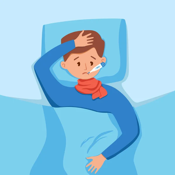 Enfant malade avec fièvre avec thermomètre dans la bouche illustration vectorielle — Image vectorielle