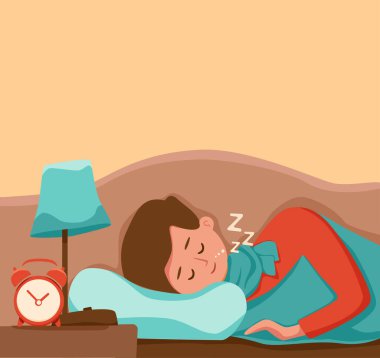 Erkek çocuk gece vektör illüstrasyonunda uyuyor. Pijamalı çocuk yatak odasında tatlı bir rüya görüyor.