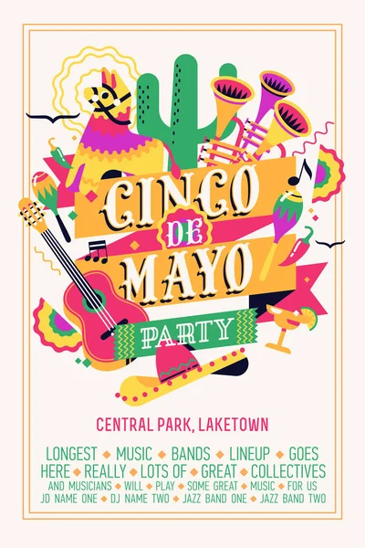 传统墨西哥节日Cinco Mayo的优质矢量海报模板 五颜六色的垂直横幅布局 庆祝五月五日的节日活动 包括多个墨西哥主题项目 如桑布罗帽 仙人掌等 — 图库矢量图片