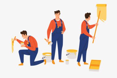 Trendy düz karikatür tarzında erkek ressam profesyonel yüksek kaliteli temel pozlar. Rulo ve fırça vektör illüstrasyonu ile çalışan ve ayakta tulumlu izole neşeli beyaz adam