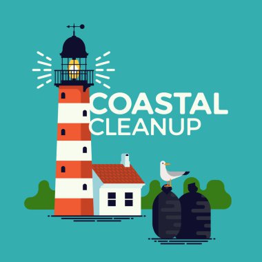 Coastal cleanup environment protection activity themed concept vector with caption, lighthouse and trash bin bags clipart