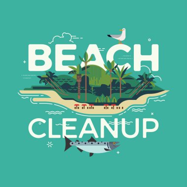 Tropik ada, kum plaj, tıknaz başlık ve martı ile Beach Cleanup Cool düz vektör görsel. Çevre koruma temalı illüstrasyon