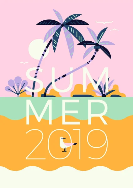 Vektorkonzept Der Sommersaison Trendigen Flachen Stil Mit Strandkulisse Mit Palmen — Stockvektor
