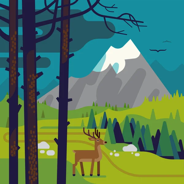 Quality Flat Vector Mountain Forest Scene Tall Pines Foreground Reindeer — Stock Vector