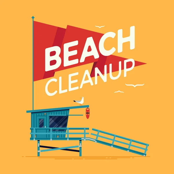 Cool Vector Beach Cleanup Concept Design Med Livräddare Tower — Stock vektor