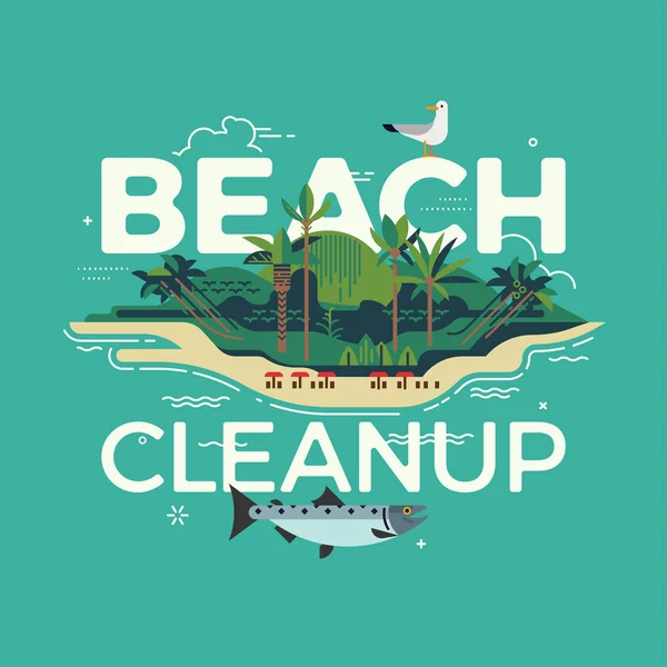 Vector Plano Fresco Visual Beach Cleanup Con Isla Tropical Playa — Vector de stock