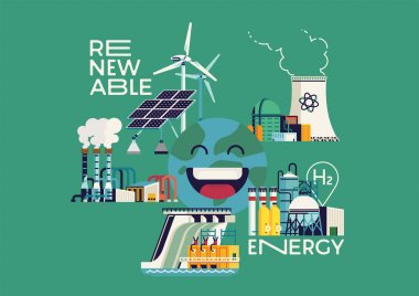Güneş enerjisi, jeotermal, nükleer ve diğer enerji kaynağı türleri içeren yenilenebilir enerji kaynağı santralleri ile çevrili mutlu neşeli Earth ile Yenilenebilir Enerji Cool düz vektör illüstrasyon