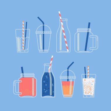 Kokteyl, meyve suyu veya smoothie için kavanoz, şişe ve gözlük vektör seti. Boş ve dolu. Meyve suları ve alkolsüz içeceklerden yapılmış içecekleri alın. Smoothie ve preslenmiş meyve suyu barı menü tasarımı için idealdir